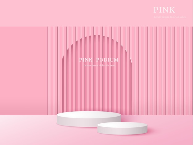 rosafarbener Hintergrund und Ständer oder Podiumsdisplay für Produktpräsentation, Branding, Verpackung und Werbevektorillustrationsdesign