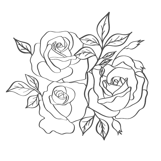 Rose Bouquet Skizze Schwarzer Umriss auf weißem Hintergrund Vektor-Illustration