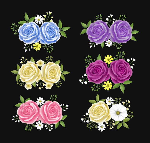 Rosenblumen, Blätter, Girlanden mit Cyan, Beige, Rosa und Lila