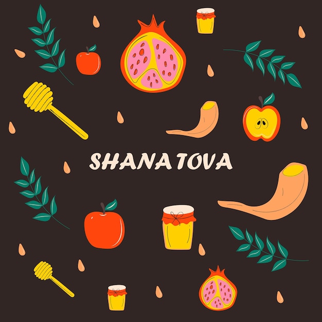 Rosh hashanah (jüdisches neujahr) grußkartendesign mit handgezeichnetem apfel, honig und granatapfel.