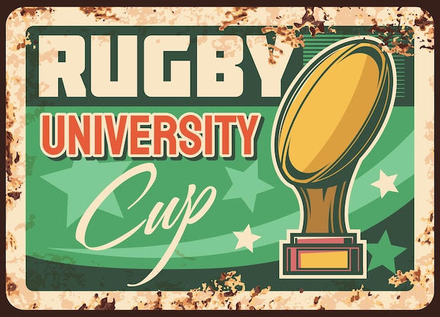 Rostige metallplatte des rugby-pokals der universitätsliga. goldene tasse mit quanco ball auf ständer, sterne und typografie