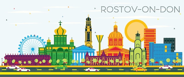 Rostovondon russland city skyline mit farbigen gebäuden und blauem himmel