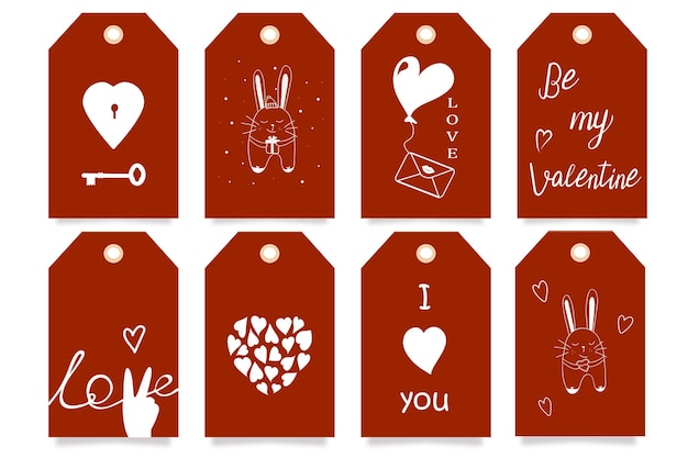 Vektor rot markiert einen großen satz romantischer etiketten für die flache vektorillustration des valentinstags