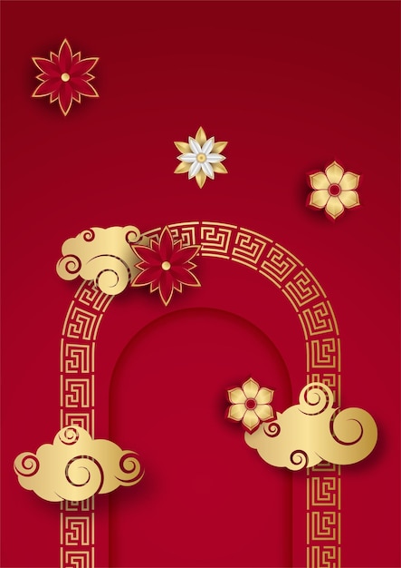 Rot und gold frohes chinesisches neujahrsfest banner hintergrunddesign. roter und goldener hintergrund des chinesischen porzellans mit laterne, blume, baum, symbol und muster. rote und goldene papierschnitt-chinesische vorlage