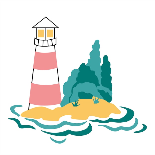 Rot-weißer Leuchtturm auf einer Insel im Meer handgezeichnetes Symbol im Doodle-Stil Vektorillustratio