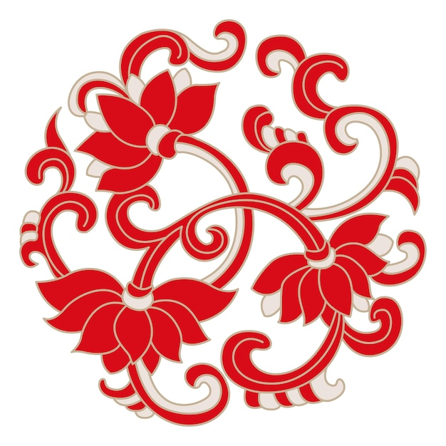 Rot-weißes blumen-mandala-designmuster abstraktes blütenwirbelblätter symmetrisch runde komplizierte geschmückte art-deco-grafik