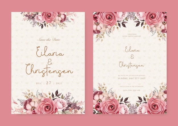 Rotbeige und rosa Rose und Cosmos Hochzeits-Einladungskarten-Vorlage mit Blumen- und Blumen-Wasserkleur-Texturvektor