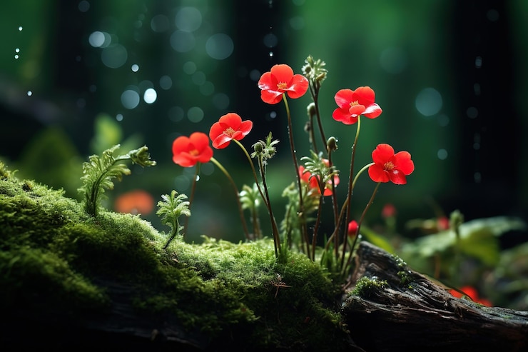 Vektor rote blüten, die auf einem moosstamm im wald wachsen