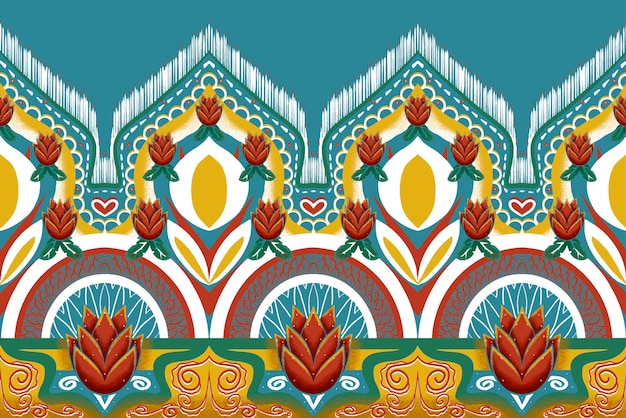 Vektor rote blume auf indigo blau gelb grün geometrische ethnische orientalische muster traditionelles design für hintergrundteppichtapetenkleidungverpackungbatikstoff vektor illustration stickerei stil