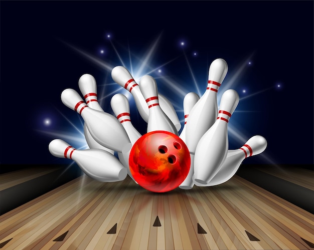 Vektor rote bowlingkugel, die in die pins auf der bowlingbahnlinie stürzt illustration eines bowlingstreiks