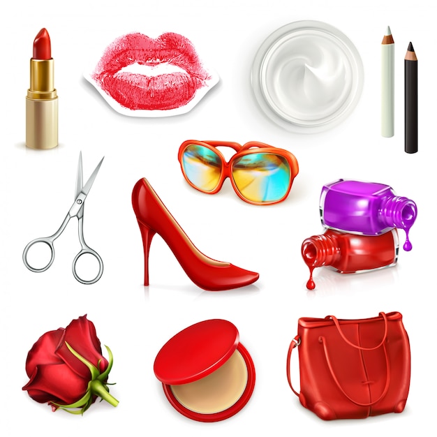 Rote damenhandtasche mit kosmetik, accessoires, sonnenbrille und schuhen mit hohen absätzen, illustrationssatz lokalisiert auf dem weißen hintergrund
