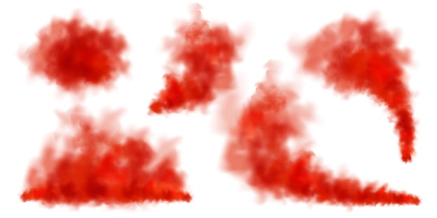 Rote farbenfrohe Rauchwolken, die auf weißem Hintergrund isoliert sind, realistische Nebeleffekte, Nebeldampf in der Luft