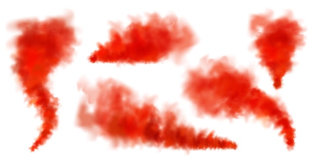 Rote farbenfrohe Rauchwolken, die auf weißem Hintergrund isoliert sind, realistische Nebeleffekte, Nebeldampf in der Luft