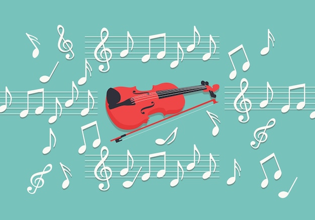 Rote Geige mit Musiknoten und Treble-Schlüssel auf einem türkisfarbenen Hintergrund