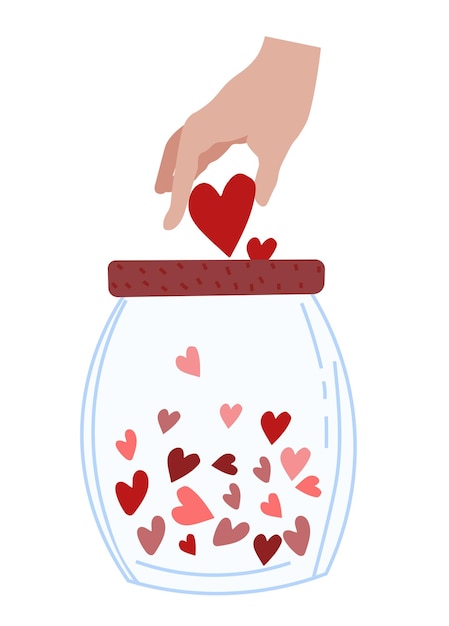 Rote Herzen in einem Glas. Das Konzept der Güte, Liebe, Unterstützung. Nächstenliebe und Spenden. Vektor