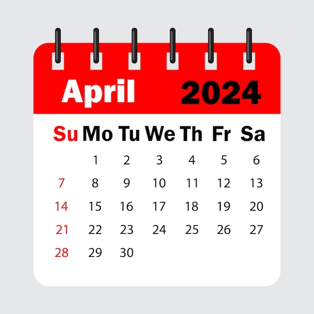 Rote kalenderblattfeder. kalender april 2024. kalenderblatt mit wochentagen.