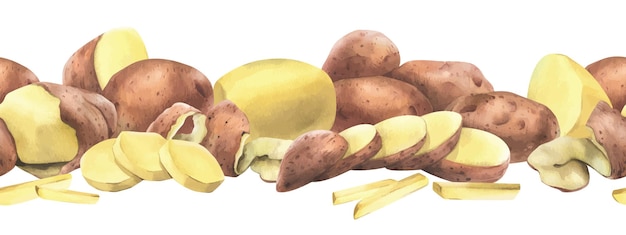 Rote Kartoffeln ganz halb geschnitten geschält und Keile Aquarell handgezeichnete Illustration auf dem Thema