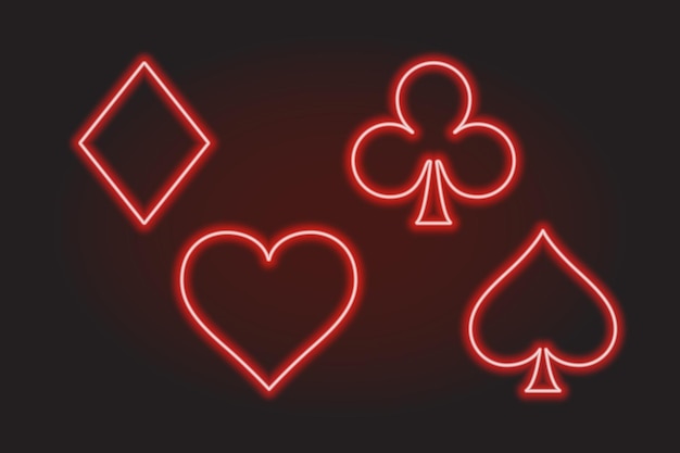 Rote Neon-Line-Kartenanzüge für Poker und Casino auf dunkler Hintergrundvektorillustration