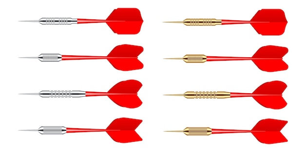 Vektor rote pfeile mit isolierter metallspitze auf weißem hintergrund dartspiel-dartboard-ausrüstung vektorillustration