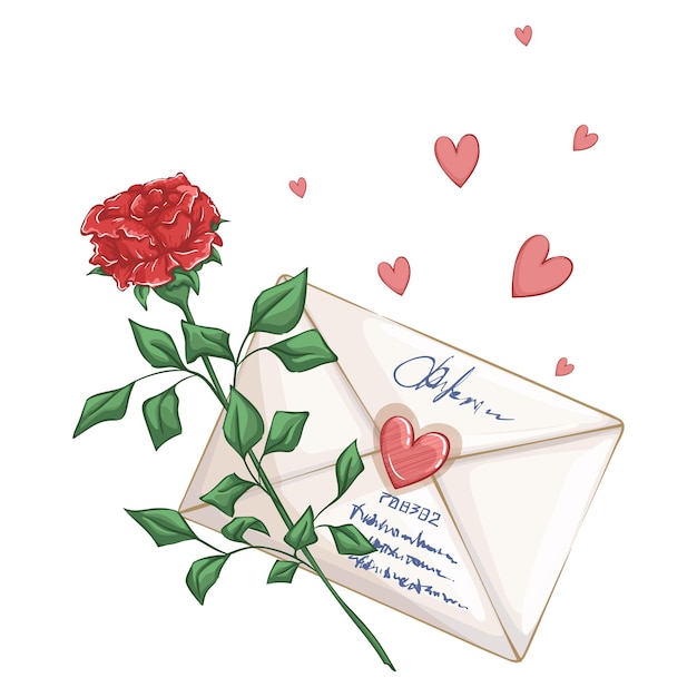 Vektor rote rose, liebesbrief und herzen. romantisch schöne komposition auf weiß.