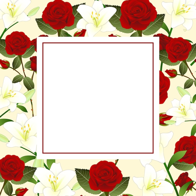 Rote Rosen-und weiße Lilien-Blumen-Weihnachtsbeige Elfenbein-Fahnen-Karte