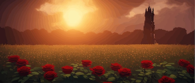 Rote rosenblüten im zeichenfeld und verschwommener hintergrund zeigen einen dunklen, geheimnisvollen turm und einen hellen mond