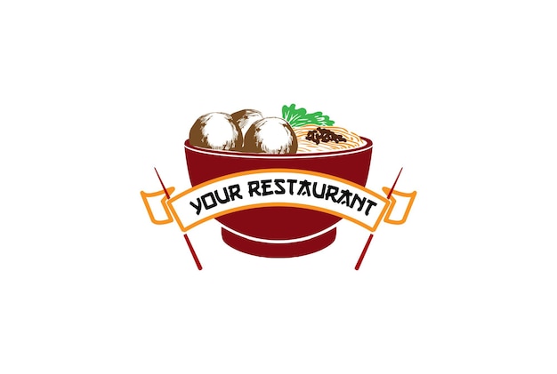 Rote schüssel stäbchen mit fleischbällchen und nudeln asiatisch japanisch chinesisch koreanisch orientalisches essen restaurant logo design vector