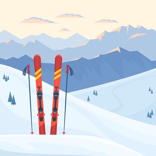 Vektor rote skiausrüstung im skigebiet. schneebedeckte berge und pisten, winterabend und morgenlandschaft, sonnenuntergang, sonnenaufgang. flache darstellung.
