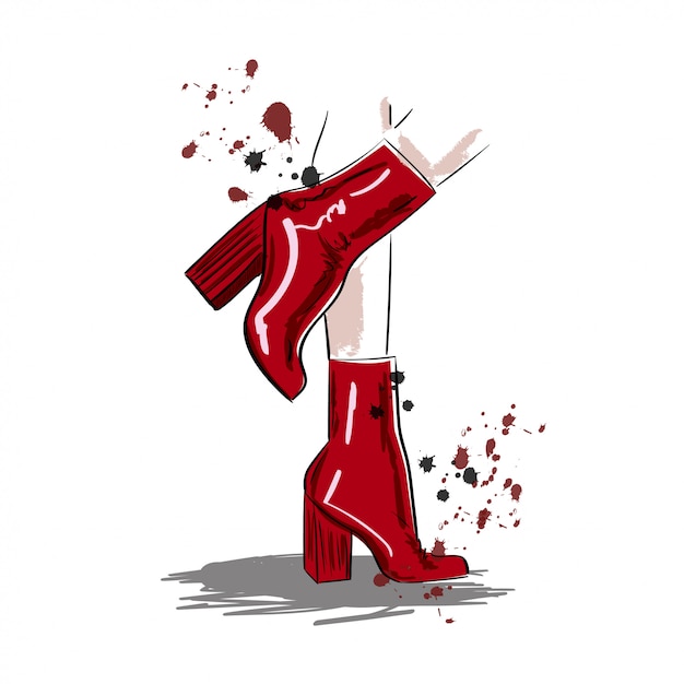 Rote stiefel in der frauenbein-tintenillustration