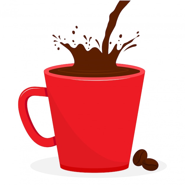 Rote Tasse mit Kaffee, Spritzgetränk. Kaffeebohnen. Illustration
