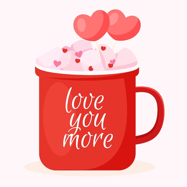 Rote tasse mit rosa marshmallow und text liebe dich mehr zum valentinstag