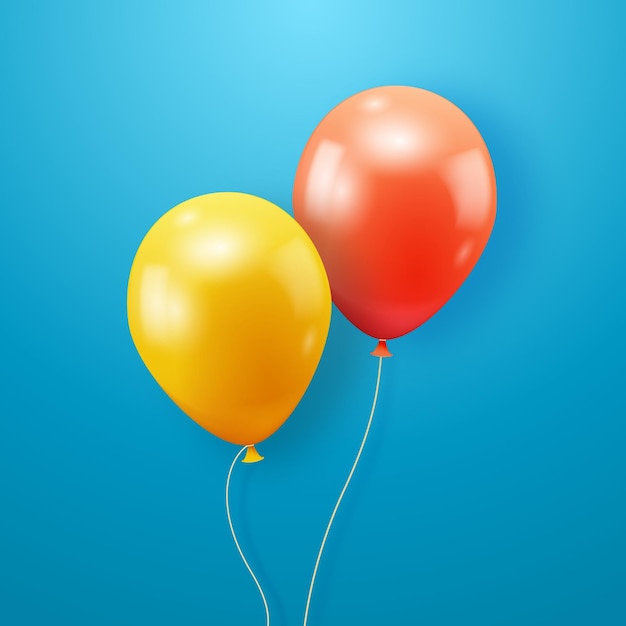 Rote und gelbe glänzende Heliumballons auf blauen Hintergrunddekorationen für Partyfeiertagsgeburtstag