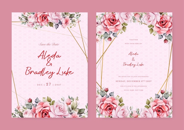 Rote und rosa Rose Luxus Hochzeits-Einladung mit goldener Linie Kunst Blume und botanische Blätter Formen Aquarell