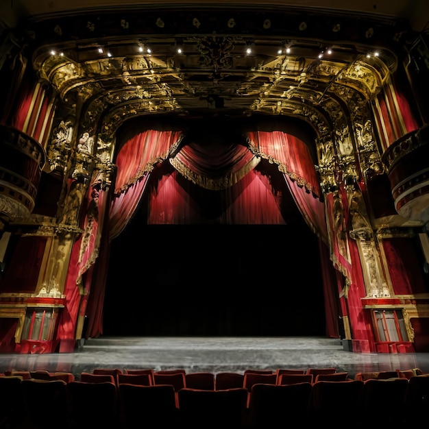 Rote Vorhänge auf der Bühne des Theaters Show Spotlight