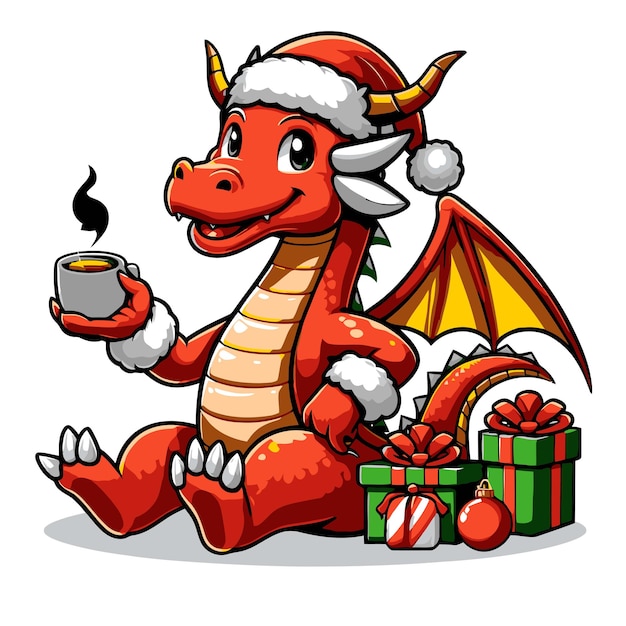 Vektor roter drache weihnachtsmaskottchen empfangen geschenke entspannen sie sich sehr glücklich