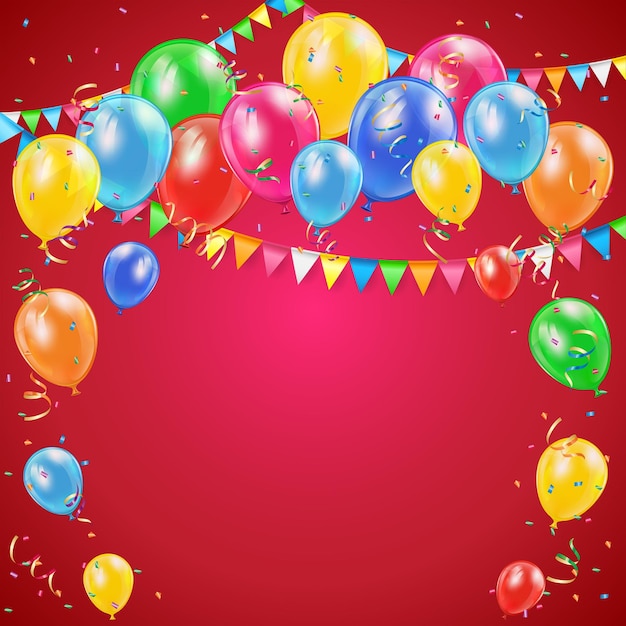 Roter Geburtstagshintergrund mit bunten Ballonwimpeln und Konfettiillustration