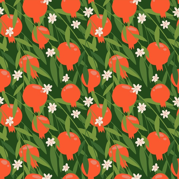 Roter granatapfel nahtlose muster mit grünen blättern floral vector illustration für shana tova gruß...