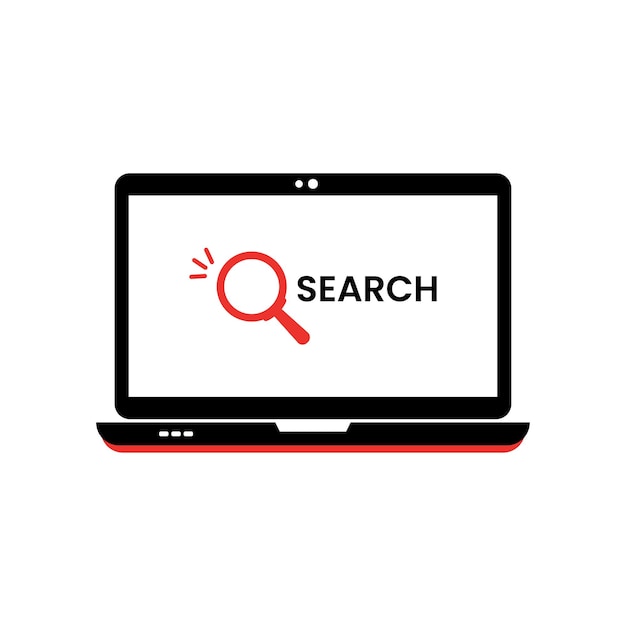Roter Laptop mit einfachem Such-Symbol Konzept eines Personalcomputers für Mobilitätsarbeit oder E-Commerce Cartoon Flachstil Trend moderner abstrakter Logotyp Grafikdesign isoliert auf weißem Hintergrund