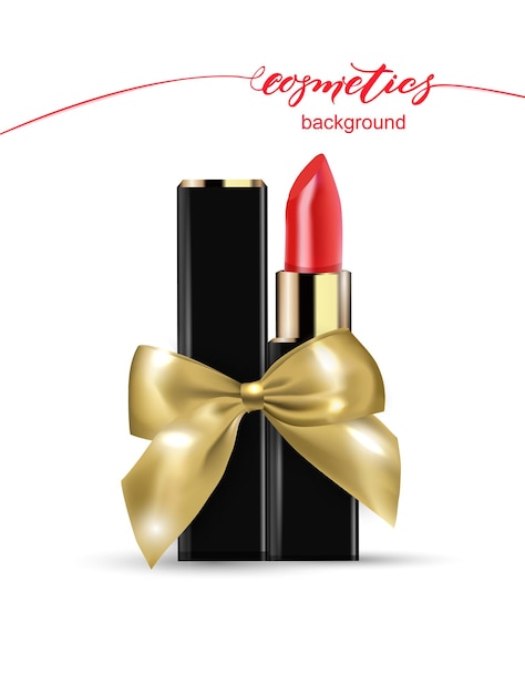 Roter lippenstift mit einem goldenen geschenkbogen schönheits- und kosmetikhintergrund vorlage vector