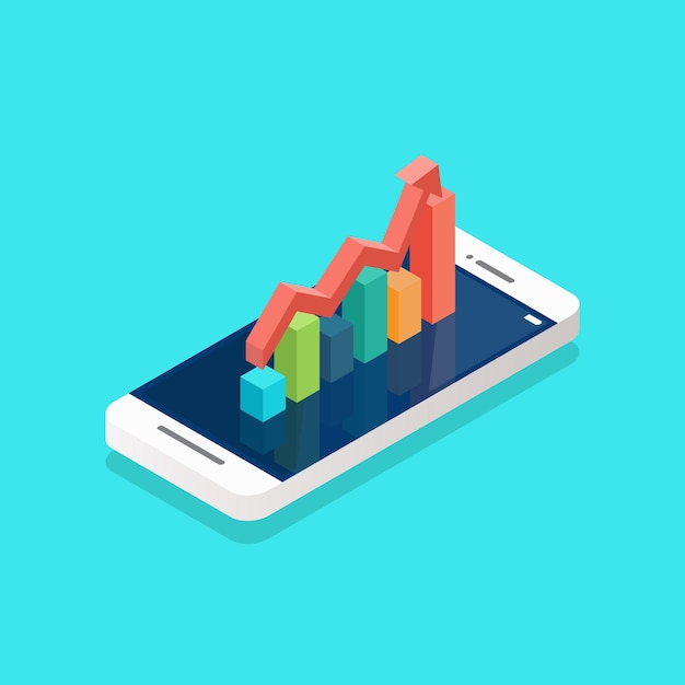 Roter Pfeilwachstum mit Balkendiagramm auf dem Smartphone-Bildschirm isometrisch. Vektor-Illustration