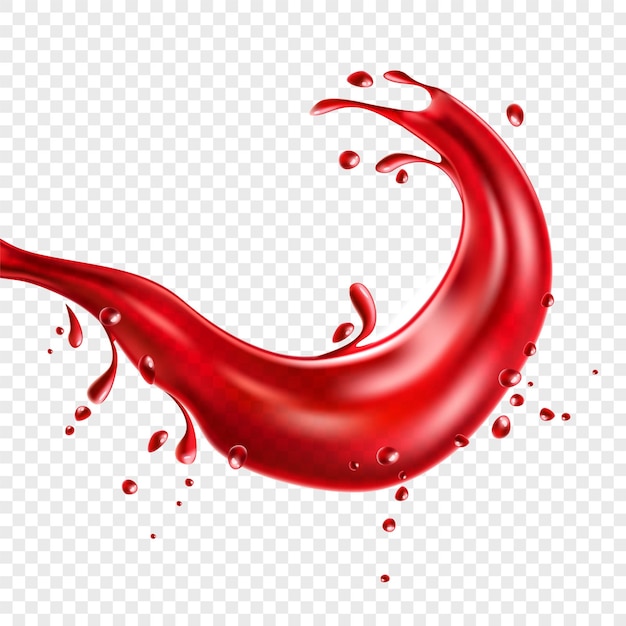 roter Saft realistischer Spritzer. Erdbeer-, Kirschsaft-Bewegungsfluss auf transparentem Hintergrund.