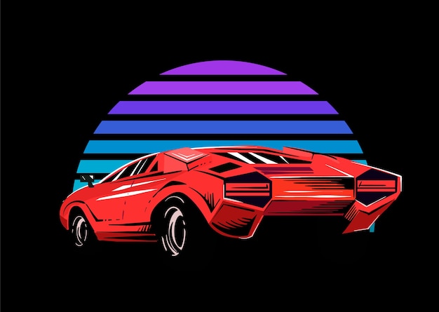 Roter sportwagen auf dem hintergrund einer gestreiften retrowelle der sonne. vektorillustration im stil der 80er jahre.