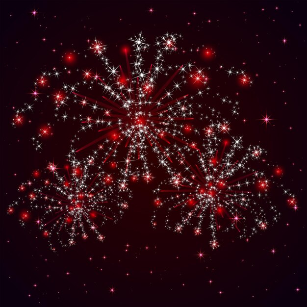 Roter Sternenhimmel und glänzendes Feuerwerk, Illustration.