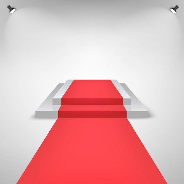 Roter Teppich auf einem Stage Podium For Award mit Lichteffekt. Weiße Bühne mit Treppe. Sockel für Gewinner.