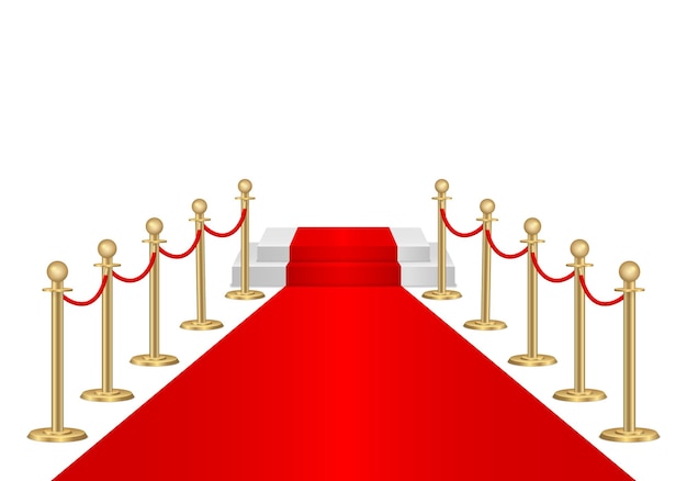 Roter Teppich und Wegbarrieren 3d. VIP-Event, Luxusfeier. Gold Warteschlange Seil Barriere Pfosten steht. Premiere Show Zeremonie. Luxuseingang zum VIP-Event oder zur Promi-Party. Vektorillustration