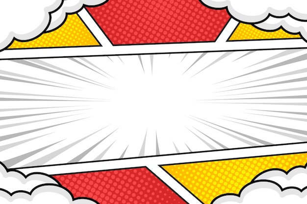 Vektor roter und gelber pop-art-comic-hintergrund mit wolken