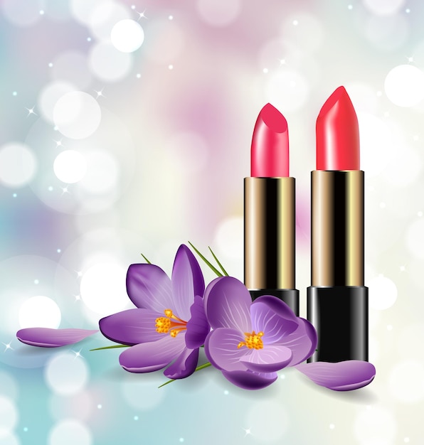 Roter und rosa Lippenstift auf unscharfem Hintergrund mit Funkeln Schönheits- und Kosmetikhintergrund Vector