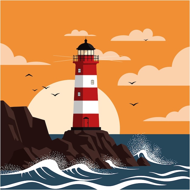 Roter und weißer Leuchtturm Sonnenuntergang Ozean-Szene Küstenkunstdruck