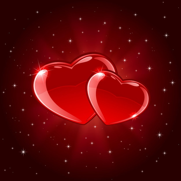 Roter Valentinsgrußhintergrund mit zwei glänzenden Herzen und Strahlen, Illustration.