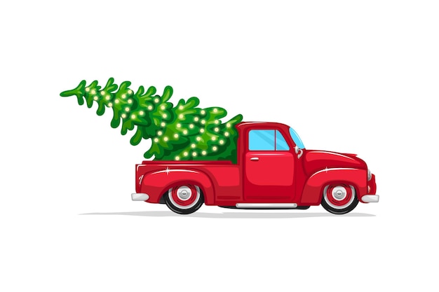 Roter Weihnachts-Pickup mit einem Baum im Heck